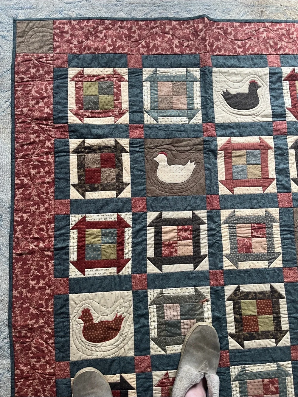 Handmade Hen House Quilt 51” x 61” Made by Maria Umhey